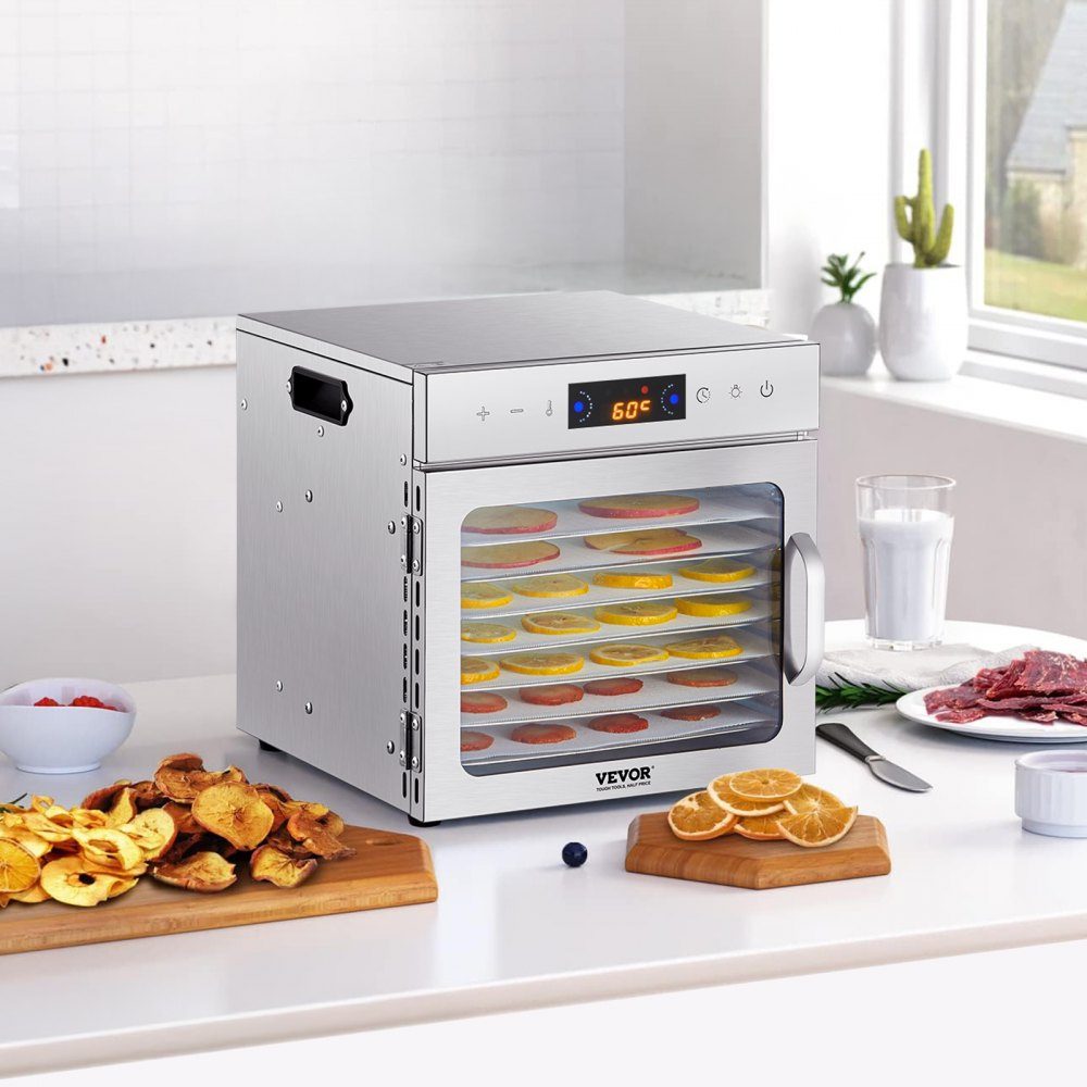 Dörrgerät Dörrgerät 8 Edelstahlschüsseln, 400 W elektrischer Lebensmitteltrockner mit einstellbarer Temperatur, Gefriertrockner für getrocknetes Fleisch, Fleisch, Obst, Gemüse, Kräuter, Hundeleckerlis