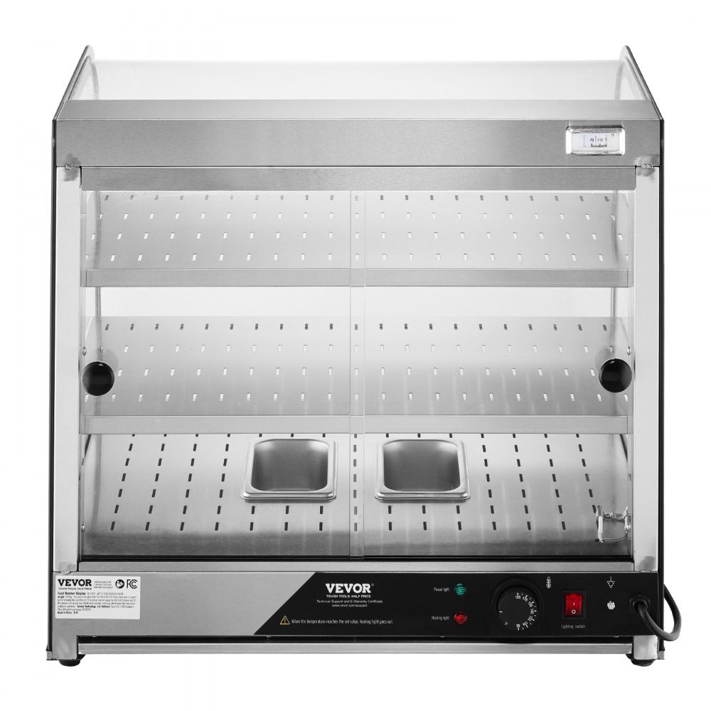 2 Stage Commercial Food Warmer, 850W Food Warmer with Tempered Glass and Steam Heater, Temperature Control from 30°C to 85°C, 111L Large Capacity for Hamburger, Pizza, Bread, Chicken