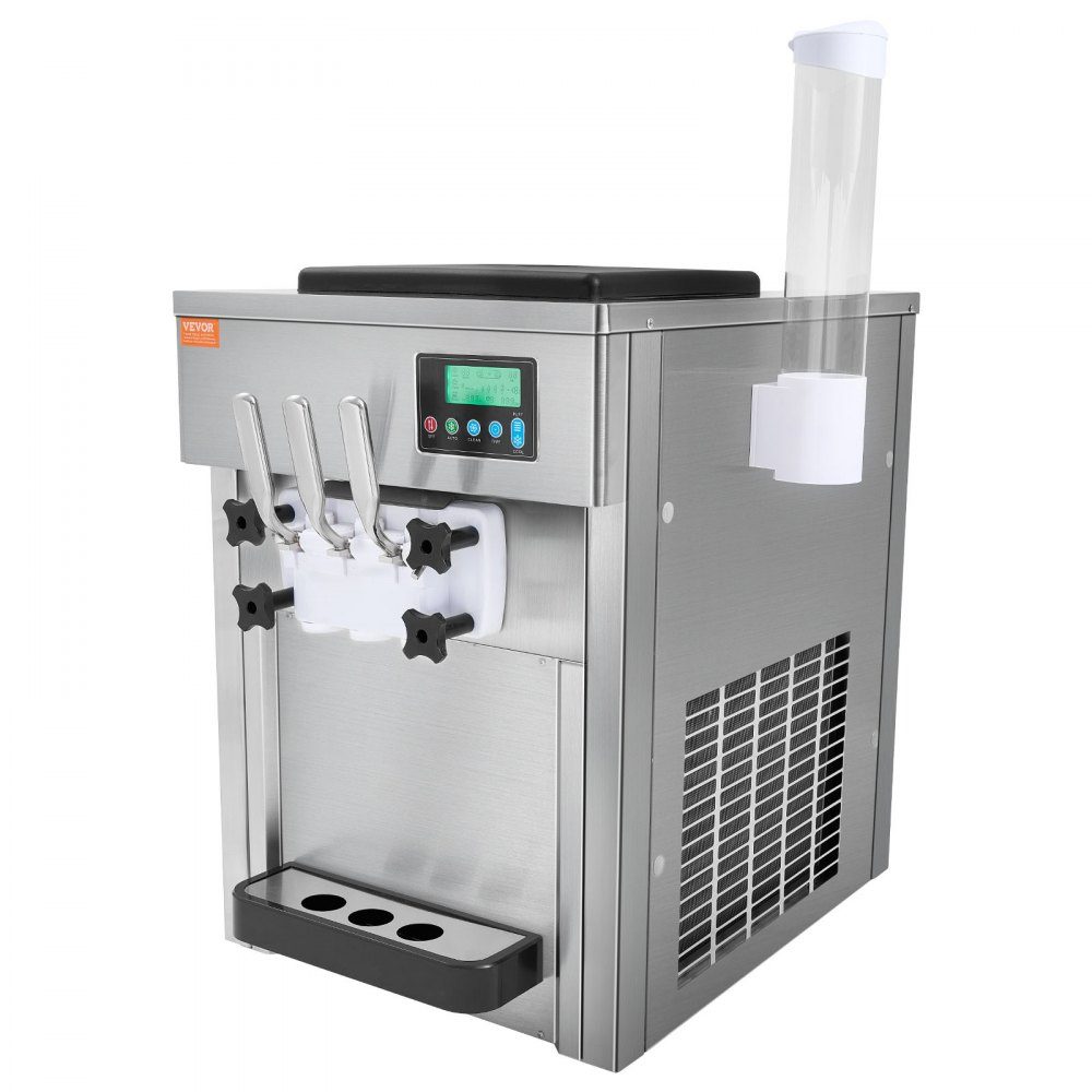 Commercial Ice Cream Maker, 1800W, 3 Flavors, Countertop Soft Ice Cream Machine, 2 x 4L Hopper, 2 x 1.8L Cylinder, LCD Screen, Auto Cleaning, Pre-Cooling