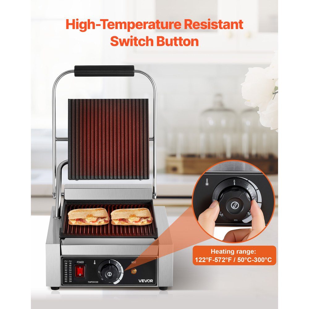 Commercial Panini Grill, Contact Grill 1800W, for Sandwiches, Steak, Bacon, Hamburgers, Sandwich Maker, Stainless Steel Press Grill with Handle & Temperature Controller & 22 x 23cm Heating Plate, Panini Press