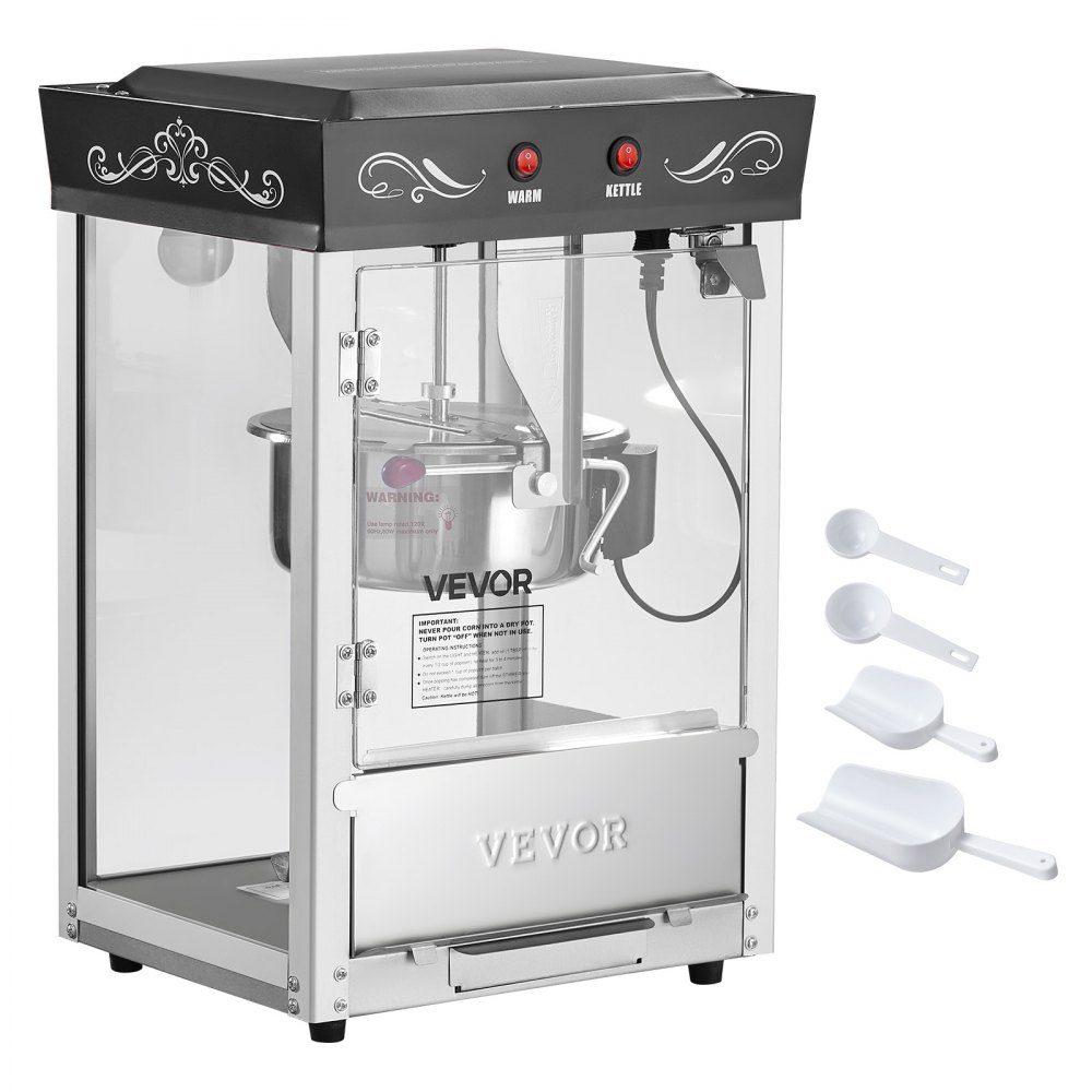 Popcorn Machine with Stainless Steel Boiler, 800W Commercial Popcorn Machine, 48 Cups per Load, Cinema Style, with 2 Button Control, Glass Wall, PC Door, 1 Scoop, 3 Spoons, Black
