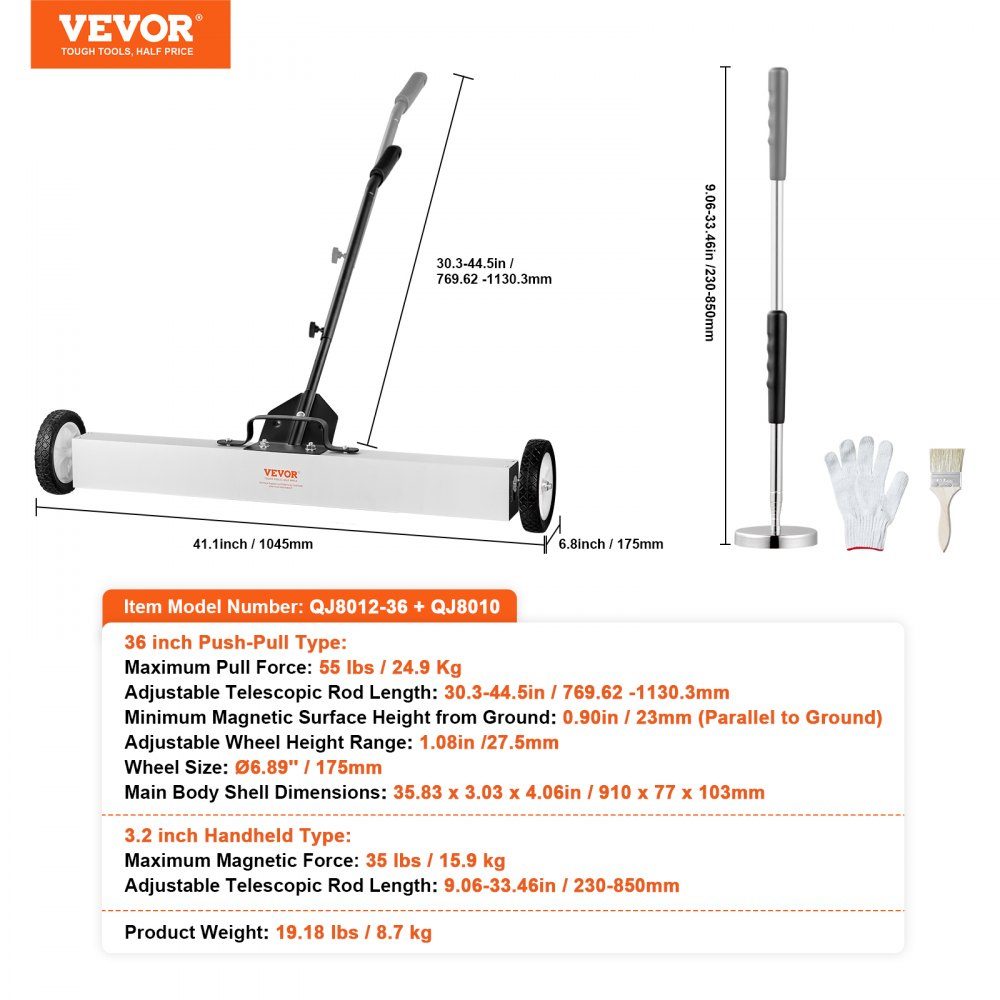 36 Inch Wheeled Magnetic Sweeper, 55 Pound Capacity, with Extendable Magnetic Pickup Tool, Adjustable Handle, Magnetic Pickup Sweeper for Picking Up Nails and Screws, for Workshop, Garage, Yard