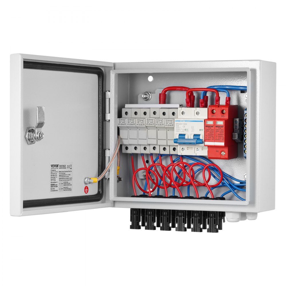 PV-opvangbox, 6 strings, zonne-opvangbox met 15-A-Nennstromsicherung, 125A stroomonderbreker, bliksemafleider en zonneconnector, stalen behuizing voor on/off grid zonnepaneelsysteem, IP65