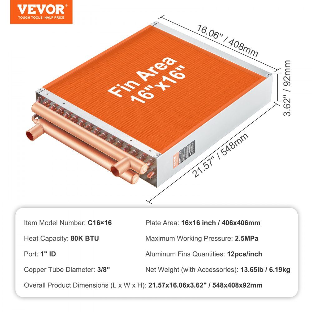16" x 16" water to air heat exchanger with 3 row 9.53mm copper connections, 193 aluminum fin heat exchanger for wood stoves, residential heating and cooling and forced air heating