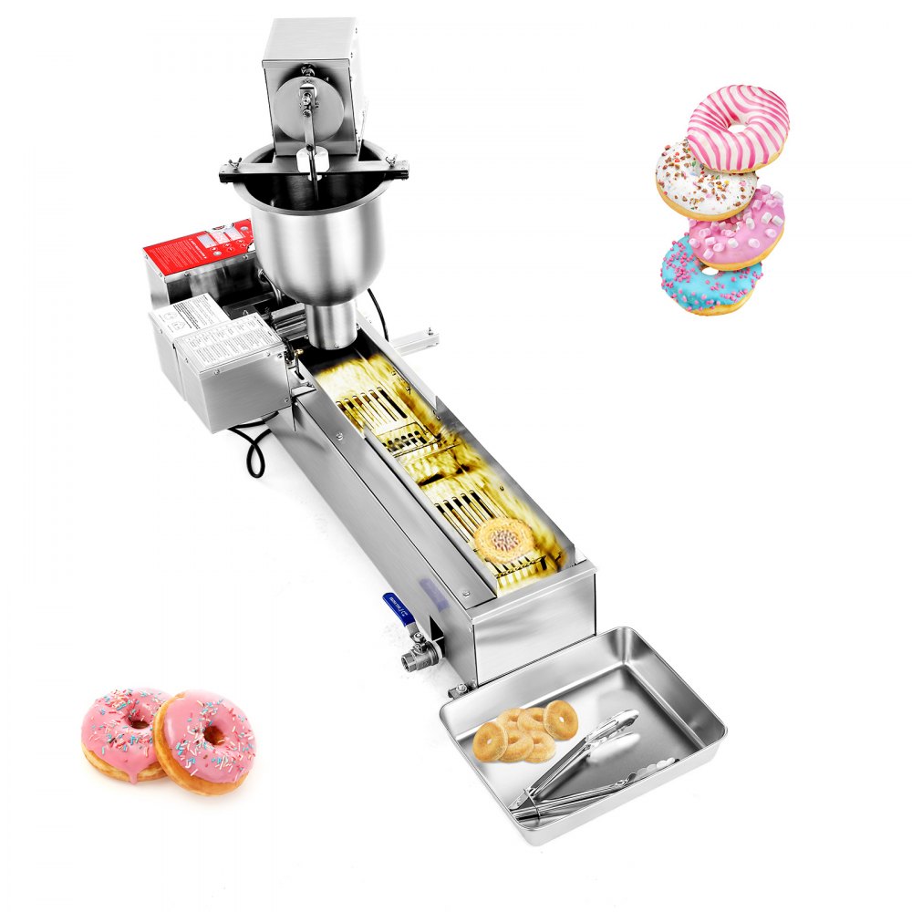 Commerciële automatische donutmachinemaker, roestvrijstalen enkele rij apparatuur (90 stuks / uur) Elektrische donutfriteuse met 3 vormmaten voor bakkerij, restaurants, café Commerciële automatische donutmachinemaker, roestvrijstalen enkele rij apparatuur (90 stuks / uur) Elektrische donutfriteuse met 3 vormmaten voor bakkerij, restaurants, café