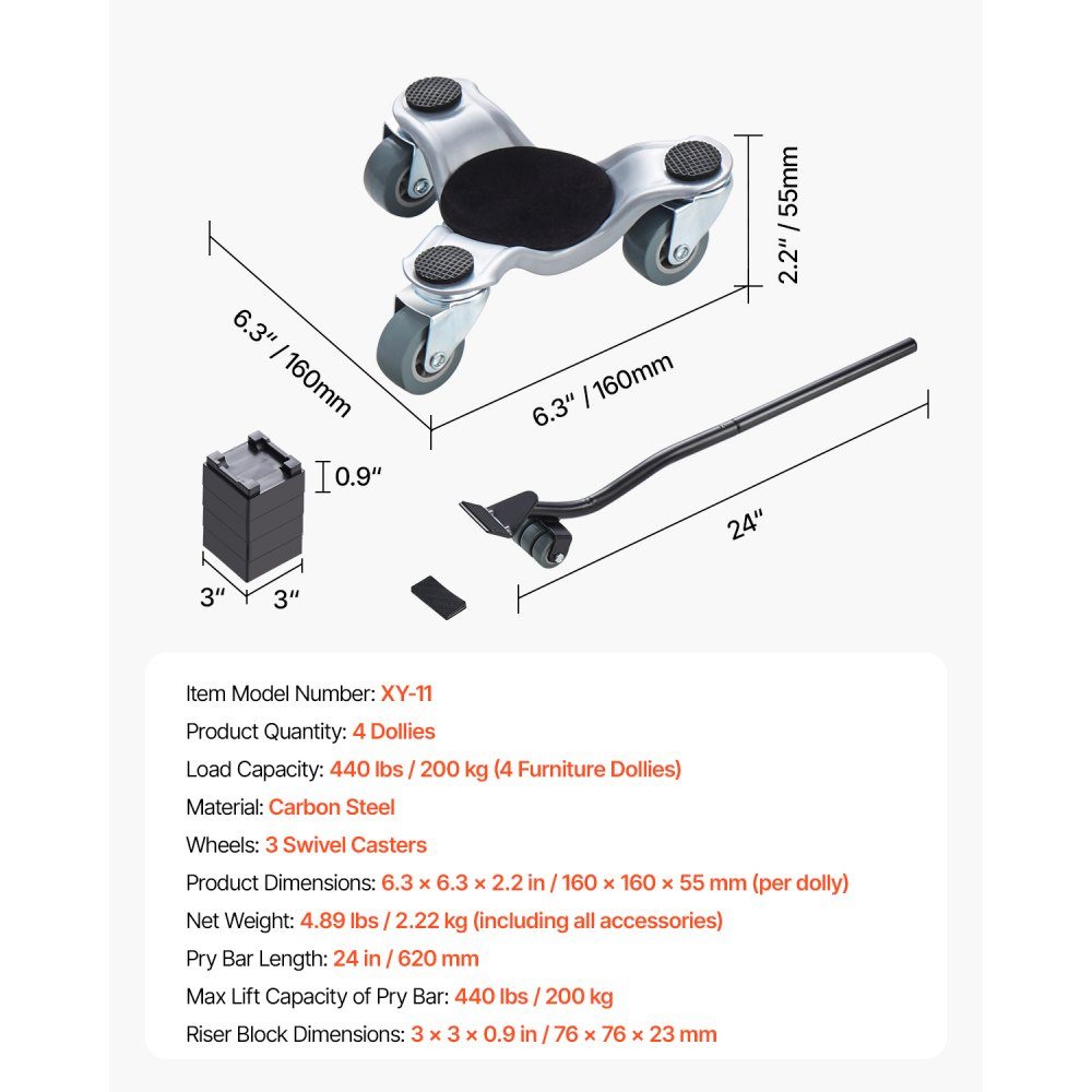 Furniture trolley set of 4, 158 x 158 x 65 mm, 200 kg load capacity, 3-wheeled steel furniture trolley with triangular swivel castor, transport trolley for household appliances, sofa, refrigerator