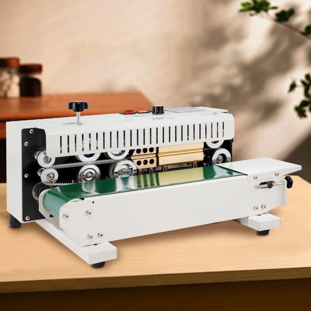 Kontinuierliche Beutelbandversiegelungsmaschine, 0,24–0,47 Zoll/6–12 mm Versiegelungsbreite, horizontale Bandversiegelungsmaschine mit digitaler Temperaturregelung, Beutelversiegelung aus Kohlenstoffstahl für 0,02–0,8 mm Plastiktütenfolie