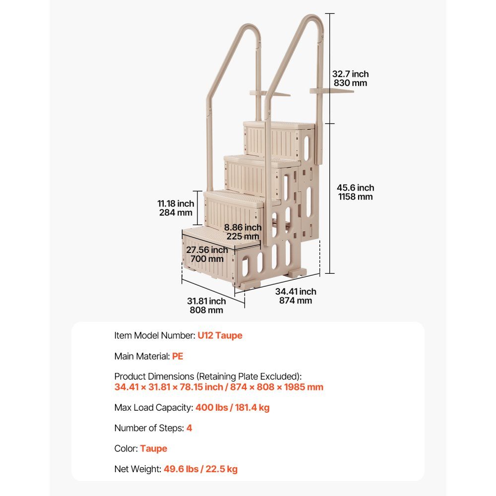 Swimming Pool Ladder, 4 Step Stairs with Double Handrail and Heavy Duty Non-Slip Steps, Maximum Load 400 Pounds, for 48-54 Inch Pools with Any Patio Surface, Taupe