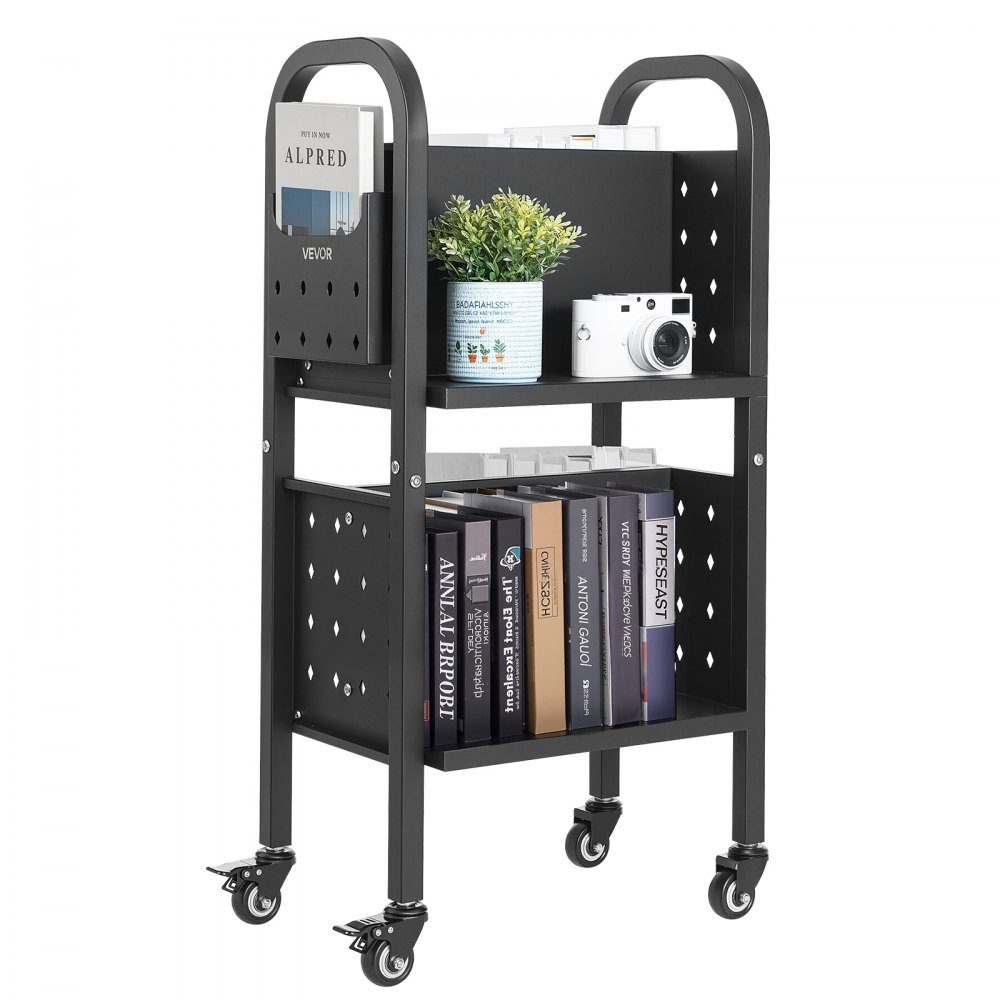 Wózek na książki 70 kg Nośność Wózek biblioteczny 45 x 33 x 88 cm Dwustronny regał w kształcie litery L z podwójnymi kółkami hamulcowymi Wózek na książki do salonu Biuro Szkoła Czarny