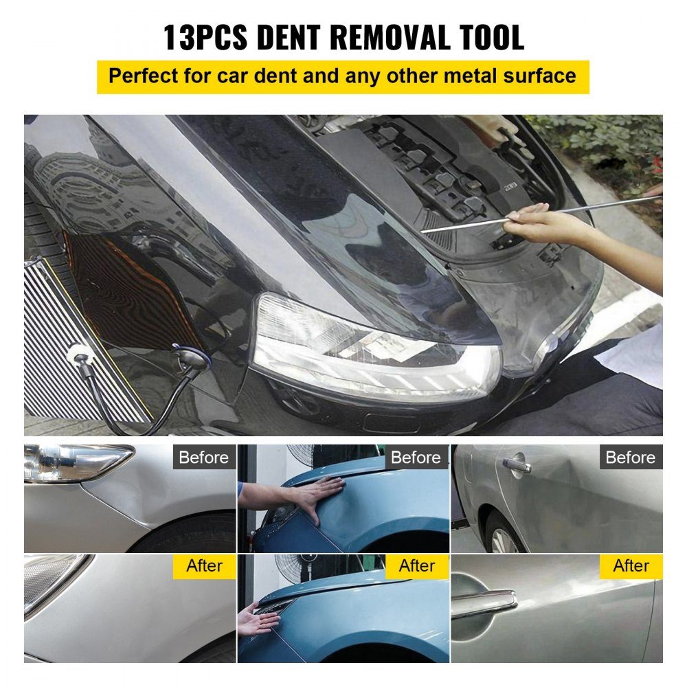 Dent Removal Kit with Bars, 13 Piece Paintless Dent Repair Tool, 5 Stainless Steel Dent Bars, 8 Tap Heads, Professional Hail Dent Removal Tool