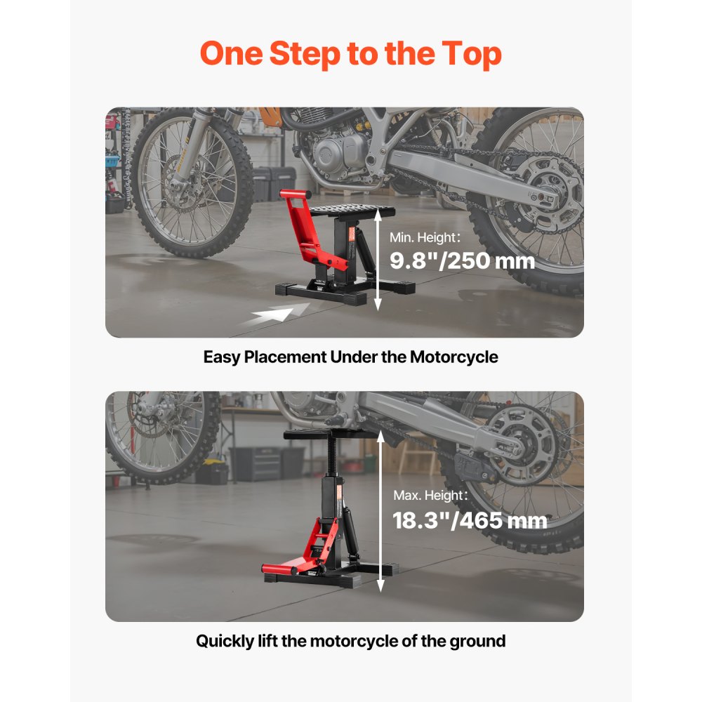 Table élévatrice pour moto tout-terrain (capacité de charge de 544 kg), support de levage réglable en hauteur avec fonction de levage hydraulique, réglable en hauteur (250-465 mm) pour réparer le motocross Table élévatrice pour moto tout-terrain (capacité de charge de 544 kg), support de levage réglable en hauteur avec fonction de levage hydraulique, réglable en hauteur (250-465 mm) pour réparer le motocross