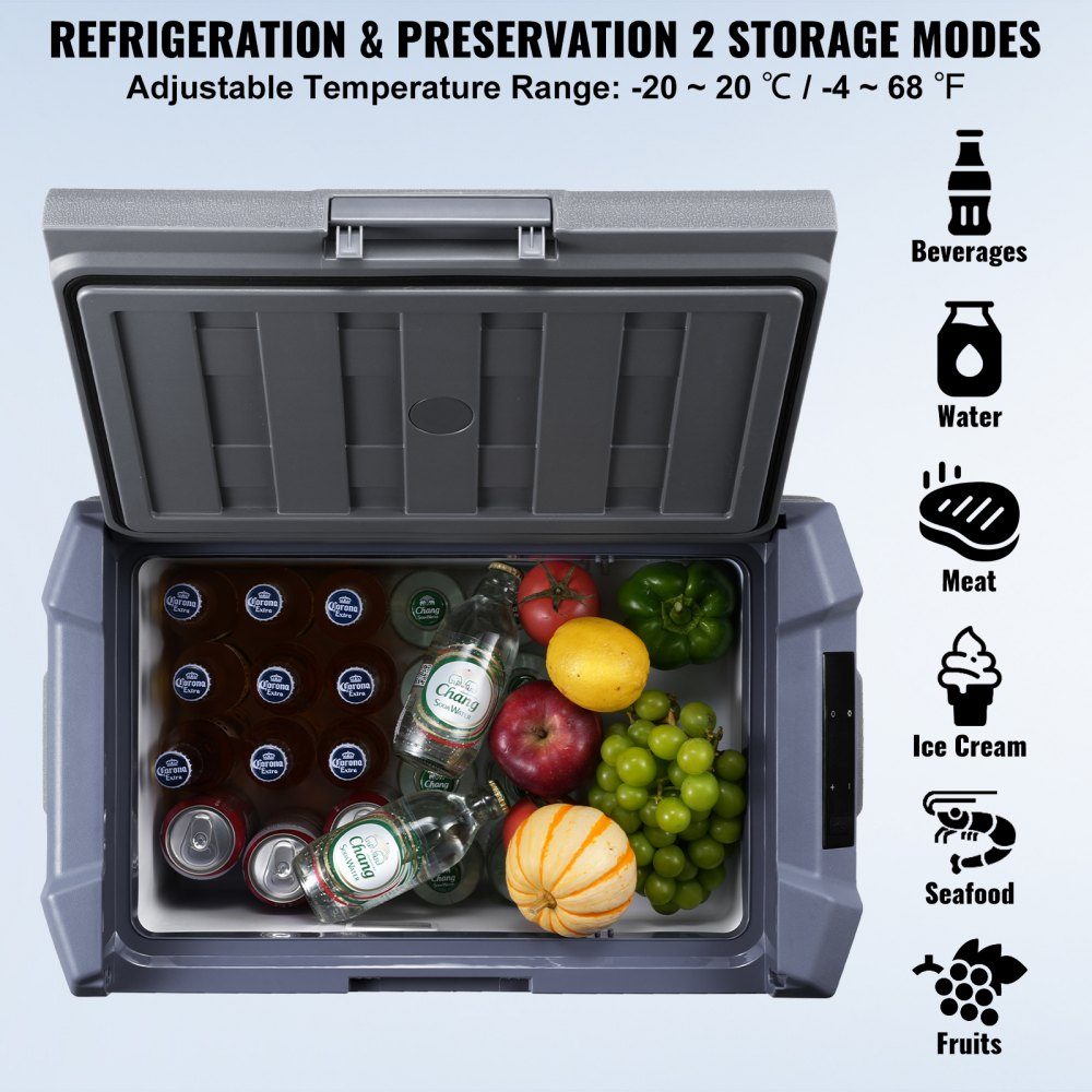 Car Fridge, 12V Car Fridge, Portable 30L Single Zone Freezer with Built-in Lighting, -20°C to 20°C, 12/24V DC and 100-240V AC Compressor Cooler for Outdoor, Camping, RV