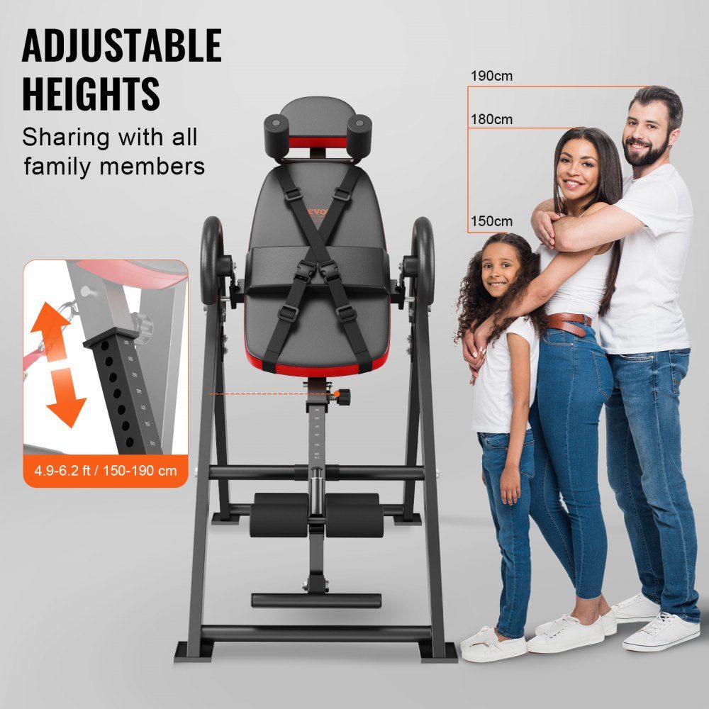 Inversion table, inversion bench, 136 kg load capacity, multifunctional back trainer, folding strength training device with headrest, ankle lock, adjustable protective belt, red + black