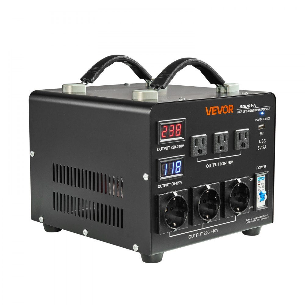 Spannungswandler-Transformator, 6000 VA, Aufwärts-/Abwärtstransformator, 110 V auf 220 V und 220 V auf 110 V, mit 3 US-Buchsen, 3 EU-Buchsen, LCD-Display, Leistungsschalter