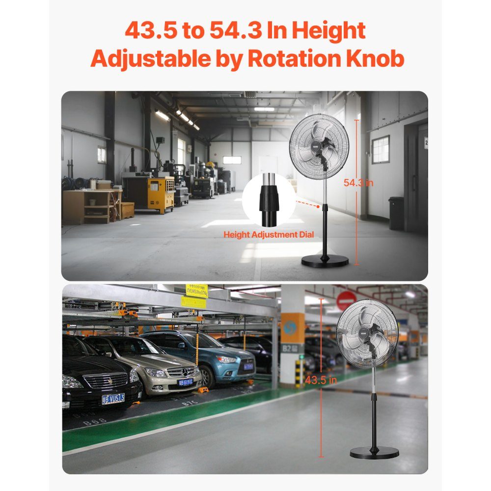 Industrial Pedestal Fan 570mm 90 Degree Oscillation Fan Height Adjustable Fans with 3 Adjustable Speeds Wind Machine for Workshop Warehouse Black
