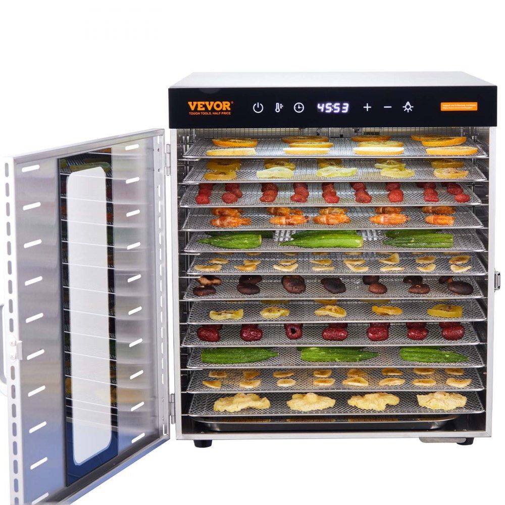 1000 W droogoven RVS, 377 x 285 mm 10 stuks. Bakken 360° droog, dehydrator, temperatuurregeling, timer van 0,5 tot 48 uur, bescherming tegen oververhitting, receptenboek voor vlees, fruit, groenten – Artikelnr. HT-23663