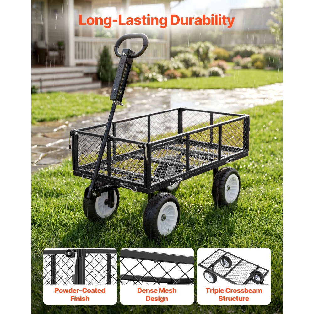 Handcart 408.2 kg load capacity, garden cart with PU tires, transport cart with adjustable handle, removable side walls, handcart for attachment to ATV or tractor, black Handcart 408.2 kg load capacity, garden cart with PU tires, transport cart with adjustable handle, removable side walls, handcart for attachment to ATV or tractor, black