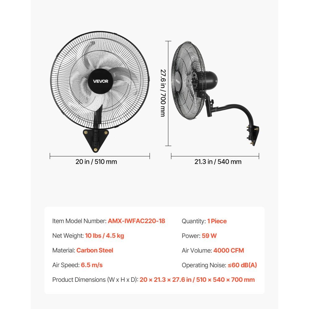 59W Industrial Wall Fan 20" 6.5m/s Oscillating Wall Fan with 3 Levels and Adjustable Tilt Angle Commercial Industrial Fan for Workshop Garage Warehouse Gym Black