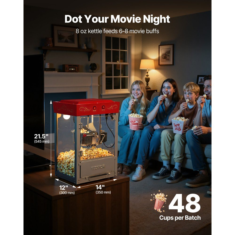 Popcorn Machine with Stainless Steel Boiler, 800W Commercial Popcorn Machine, 48 Cups per Load, Cinema Style, with 2 Button Control, Glass Wall, PC Door, 1 Scoop, 3 Spoons, Red