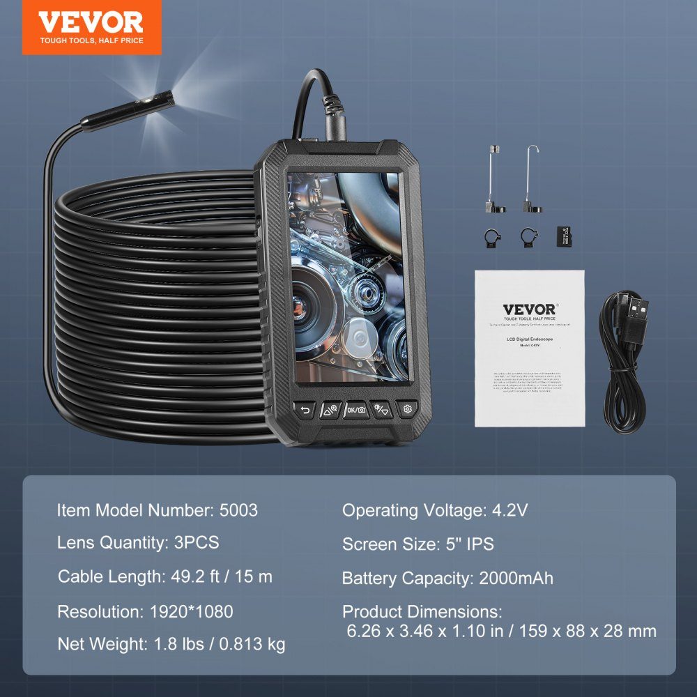 Endoscope camera inspection camera 1080P pipe camera 15m cable 12.7cm display