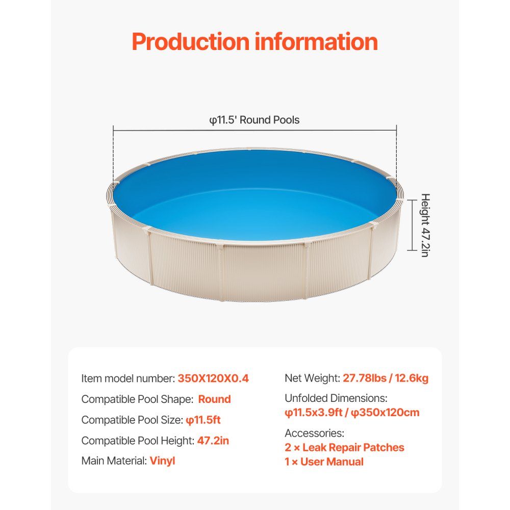 Liner de piscine rond φ350x120 cm, revêtement intérieur, revêtement de remplacement, couverture intérieure, revêtement de piscine, revêtement en vinyle standard de style Unibead, résistant à l'usure, pour piscines hors sol d'une hauteur de paroi de 120 cm