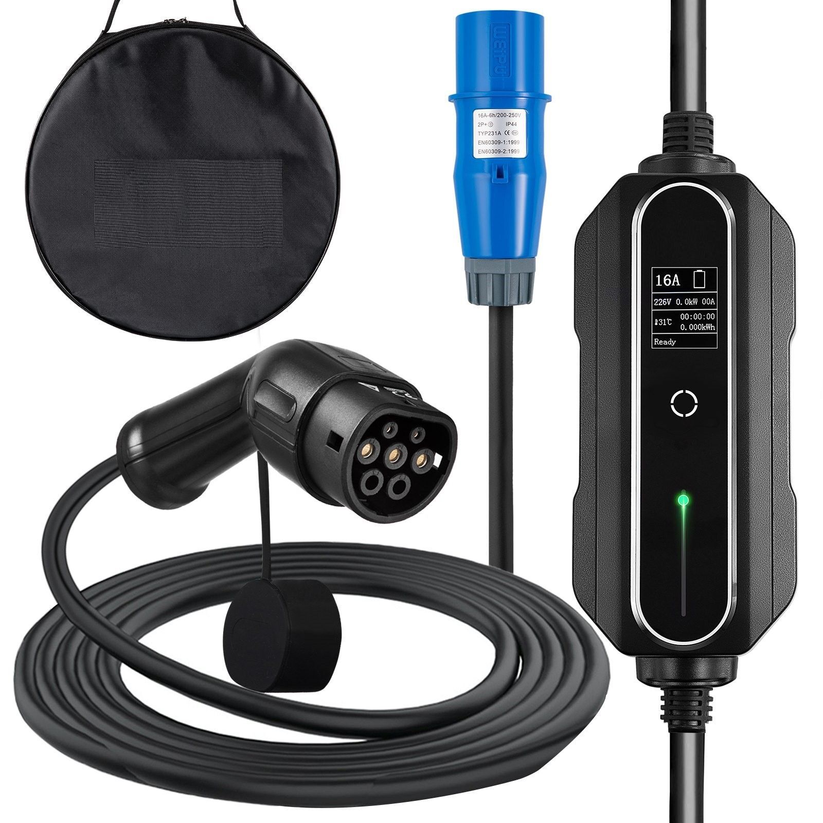 Charger 32A EV charging cable for EU standard, 7.5 m charging station for electric car 3 pin Schuko plug, 7.4 kW electric vehicle, 250 V IP54 connection with LCD digital screen & CE certification