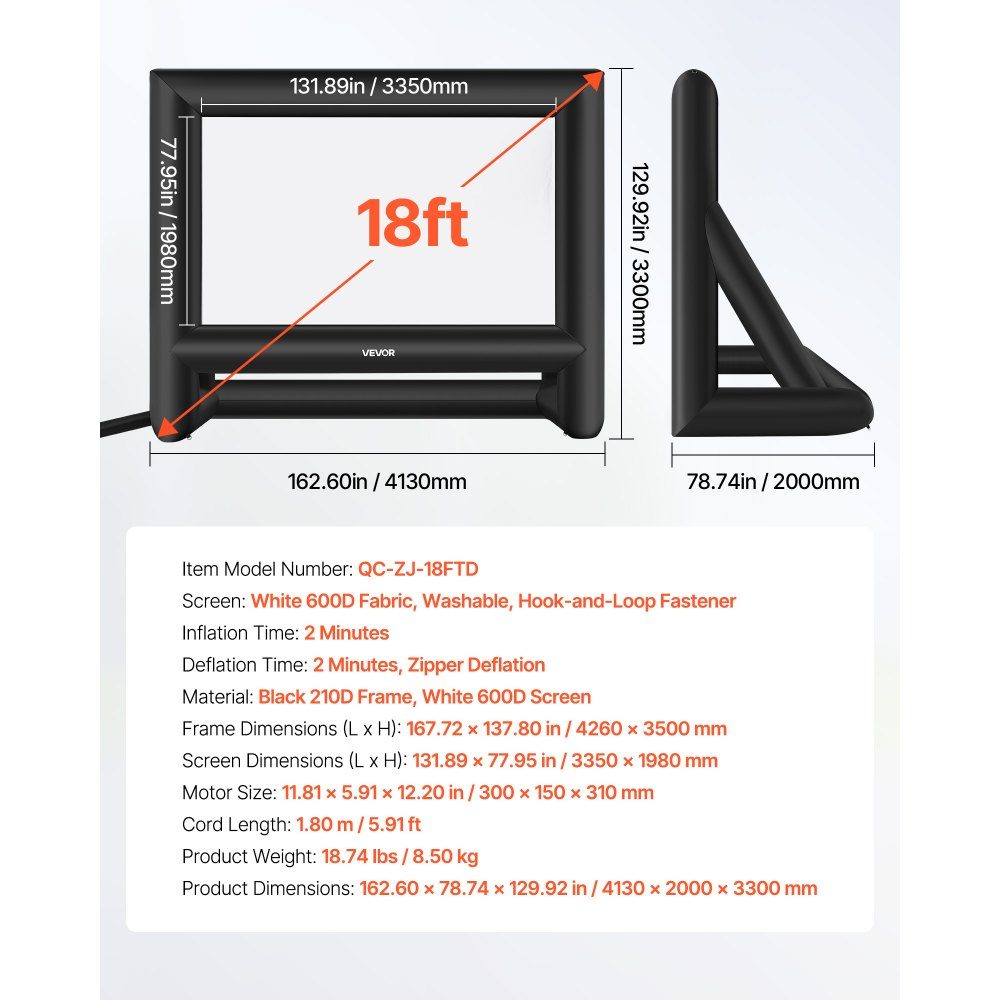 Inflatable Movie Screen, 600D Projector Screen, Projection Screen with Portable Storage Bag, 16:9 Movie Projection for Home Theater Theme Party, Pool Fun (413x200x330cm)