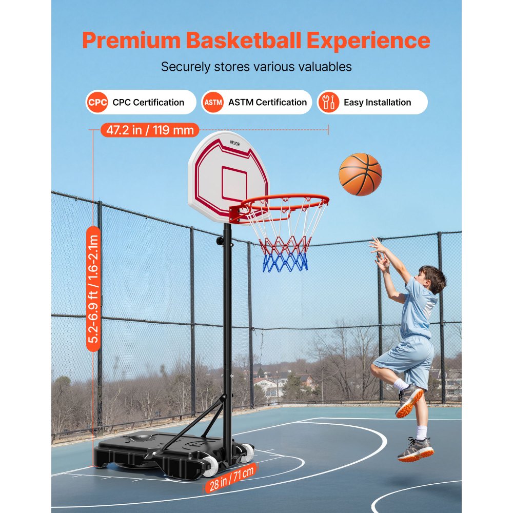 Portable Basketball Stand, 1.6 to 2.1 m Height Adjustable Basketball Hoop, Adjustable Basketball System with Nylon Net & Wheels, Portable Backboard Set for Patio Pool Edge Portable Basketball Stand, 1.6 to 2.1 m Height Adjustable Basketball Hoop, Adjustable Basketball System with Nylon Net & Wheels, Portable Backboard Set for Patio Pool Edge
