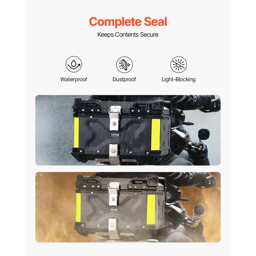 Motorcycle Top Box, Motorcycle Case, 65L, Aluminum Alloy Rear Box with Leather Lining, Removable Motorcycle Top Box with Lock and Back Pad, Helmet Case (565 x 500 x 380mm), Black