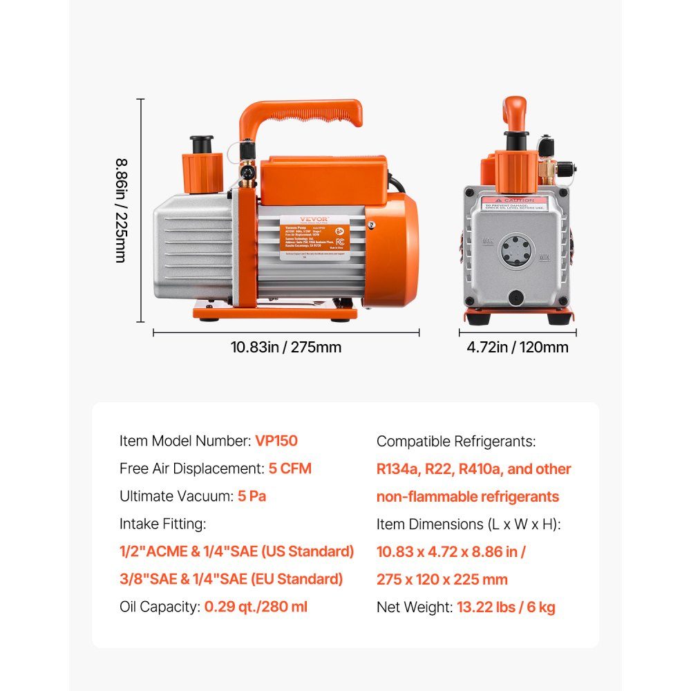 Vacuum Pump, 5 CFM HVAC Single Stage Rotary Vane Vacuum Pump for R134a, R22, R410a Systems, Auto AC Vacuum Pump Kit with Oil Bottle for Auto Air Conditioning Maintenance and Resin Degassing