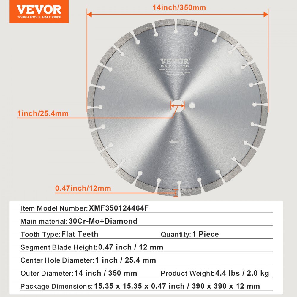 Diamant-Sägeblatt, 14 Zoll/350 mm Betonsägeblatt nass oder trocken, 0,47 Zoll/12 mm Diamant-Segmentsägeblatt mit flachen Zähnen, universeller Mittellochdurchmesser 1 Zoll/25,4 mm, für Beton, Zementplatten, Fliesen, Ziegel Diamant-Sägeblatt, 14 Zoll/350 mm Betonsägeblatt nass oder trocken, 0,47 Zoll/12 mm Diamant-Segmentsägeblatt mit flachen Zähnen, universeller Mittellochdurchmesser 1 Zoll/25,4 mm, für Beton, Zementplatten, Fliesen, Ziegel