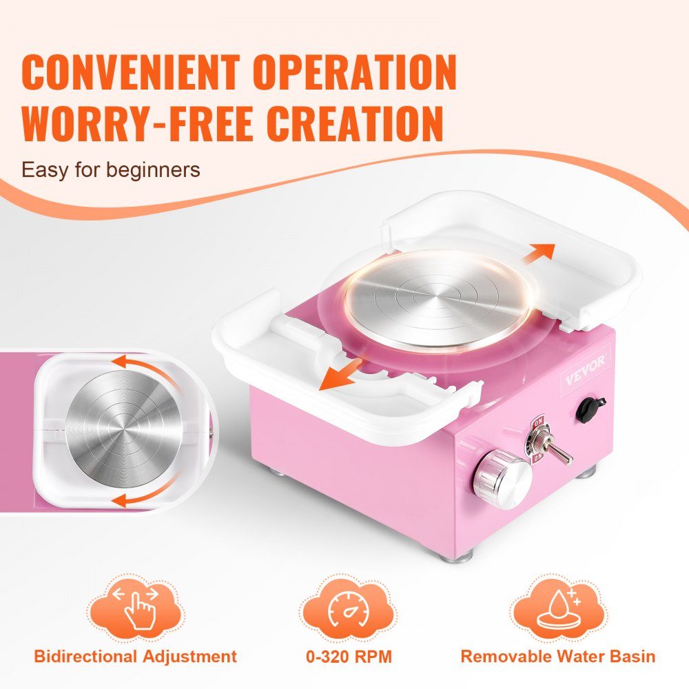 Mini Pottery Wheel 0-320RPM Adjustable Speed ​​Detachable Basin Molding Machine 2.5"/3.9" 2 Turntables Electric Ceramic Pottery Wheel 18 Pieces Accessories for Arts and Crafts DIY Pink