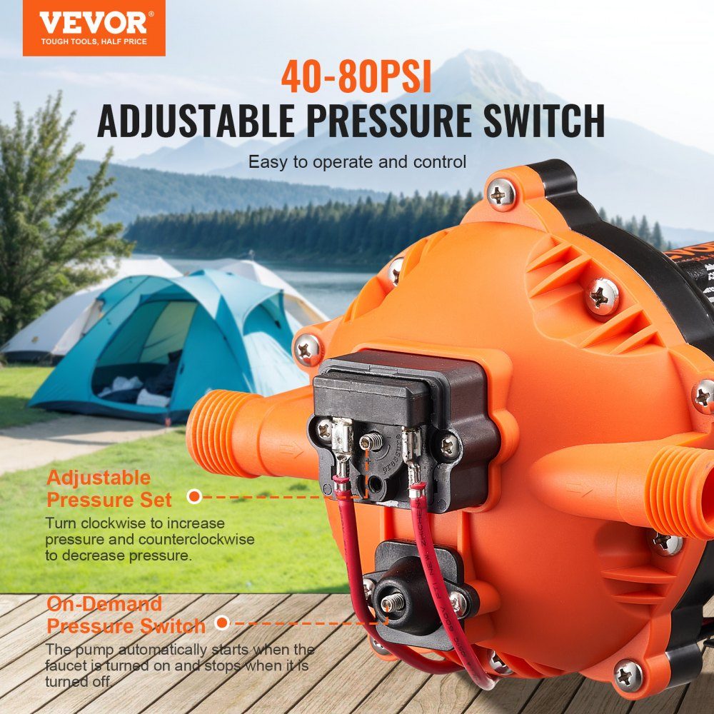 12-V-Membranpumpe, 18,93 l/min, 5-Kammer-Gleichstrom-Wasserpumpe mit automatischem Druckschalter, 40–100 PSI, verstellbar, 70 PSI, 1/2 Zoll MNPT-Anschluss für Wohnmobil, Yacht, Food Truck, Camper, Marine