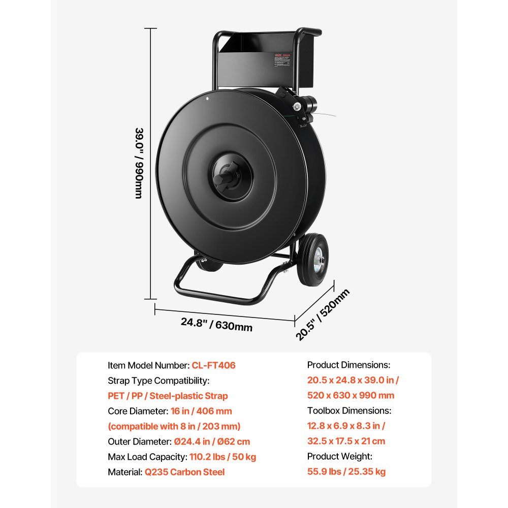 Dispenser, suitable for PET/PP/steel strapping rolls with 203/406 mm core size, robust strapping dispenser with improved drum brake, integrated spacious storage for tools Dispenser, suitable for PET/PP/steel strapping rolls with 203/406 mm core size, robust strapping dispenser with improved drum brake, integrated spacious storage for tools