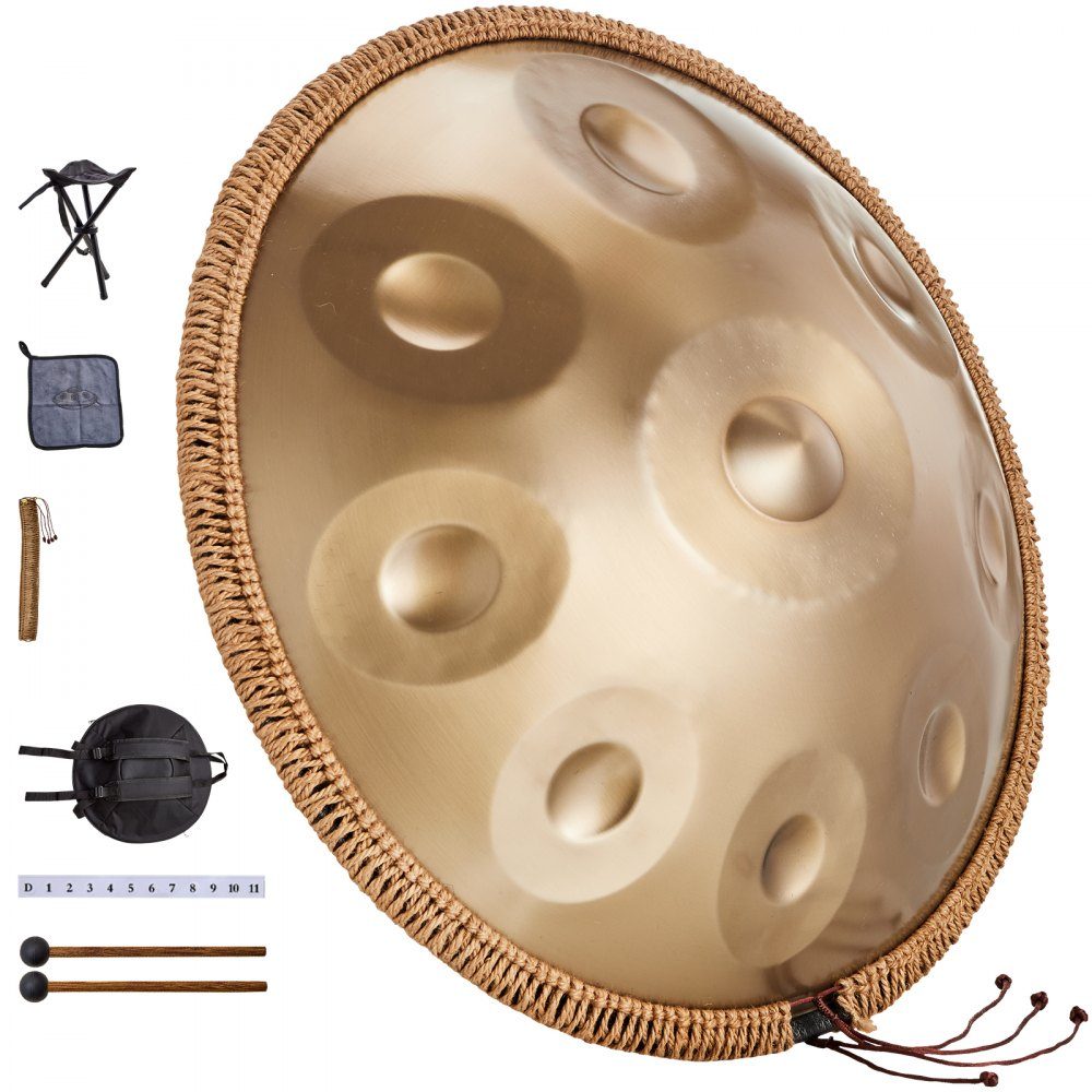 Handpan, 55 cm, 9 notes, tambour à main en ré mineur, instrument de batterie avec maillets, support de handpan 440 Hz et sac de transport, tambour sonore en acier de guérison, instruments de percussion pour adultes et débutants