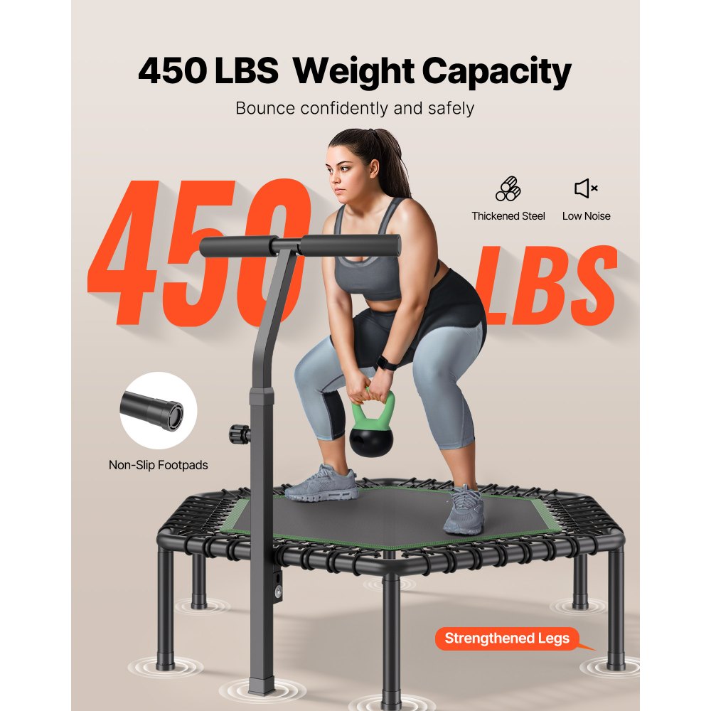 Indoor fitnesstrampoline voor volwassenen, mini-trampoline met een draagvermogen van 205 kg, rebounder-trampoline van 1385 mm met in 3 niveaus in hoogte verstelbare handgreep en schuimrubberen handgreep, hometrainer, sportuitrusting Indoor fitnesstrampoline voor volwassenen, mini-trampoline met een draagvermogen van 205 kg, rebounder-trampoline van 1385 mm met in 3 niveaus in hoogte verstelbare handgreep en schuimrubberen handgreep, hometrainer, sportuitrusting
