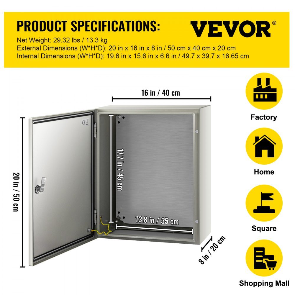 Armoire électrique, boîtier industriel NEMA, 50x40x20 cm, armoire de distribution en acier NEMA 4X, IP66 étanche et anti-poussière, boîte de jonction électrique extérieure/intérieure avec plaque de montage