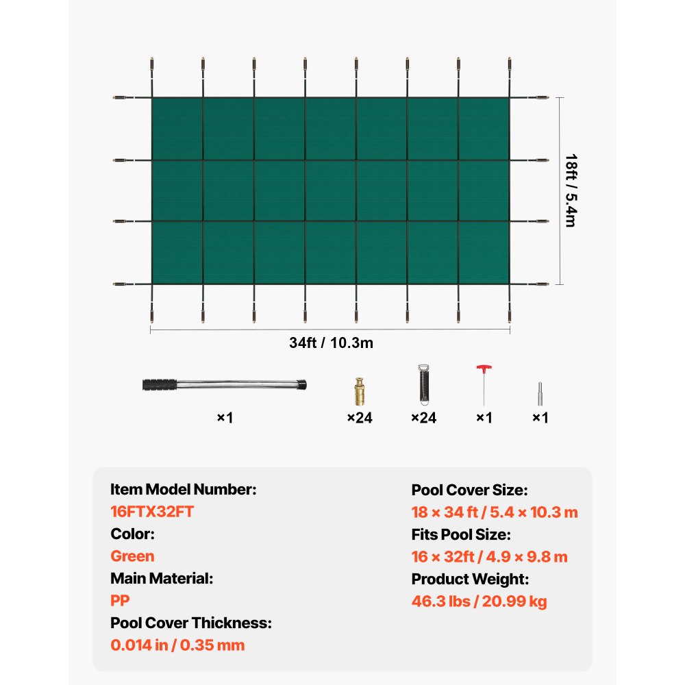 Pool tarpaulin, suitable for rectangular, in-ground pools (4.9 x 9.8 m), safety cover with drainage holes, opaque mesh cover for swimming pools, winter tarpaulin, green
