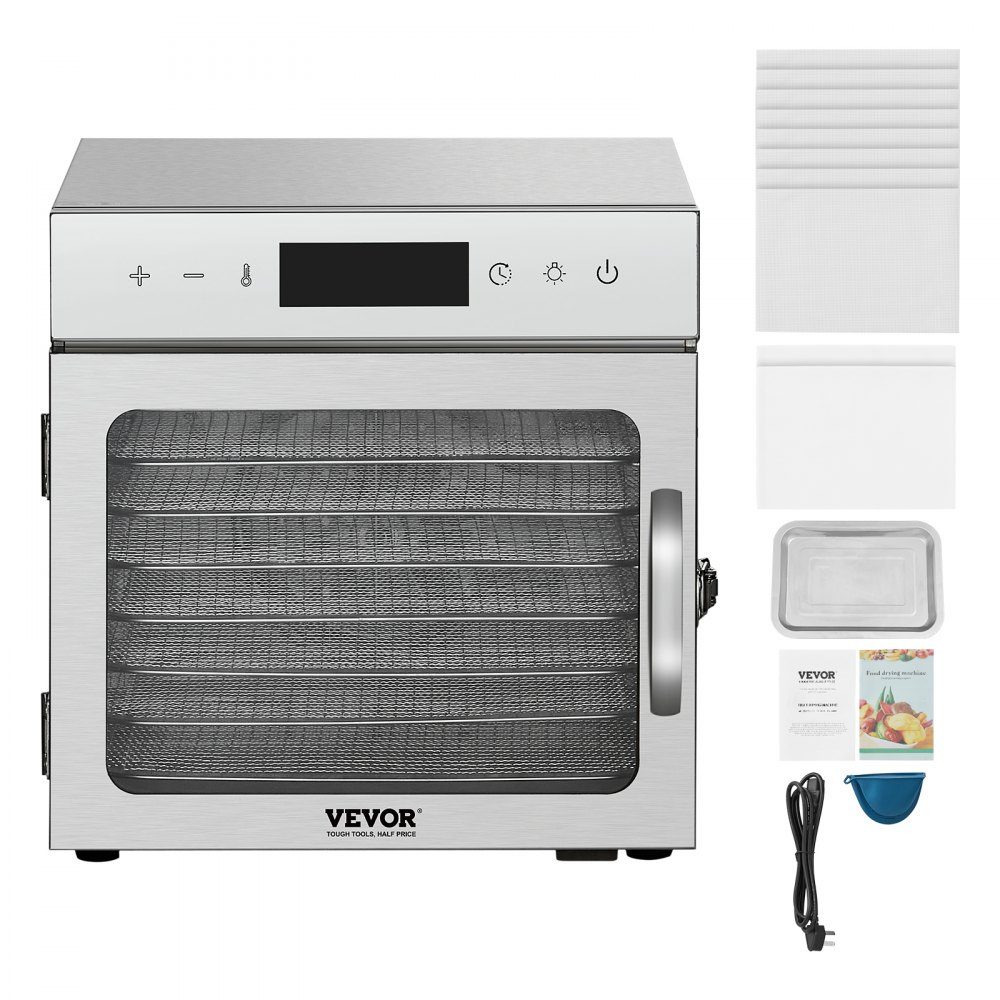 Dörrgerät Dörrgerät 8 Edelstahlschüsseln, 400 W elektrischer Lebensmitteltrockner mit einstellbarer Temperatur, Gefriertrockner für getrocknetes Fleisch, Fleisch, Obst, Gemüse, Kräuter, Hundeleckerlis
