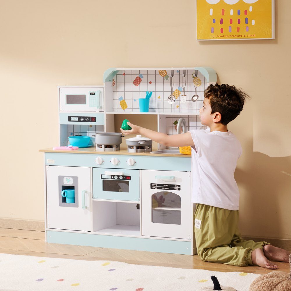 Play Kitchen for Kids, Wooden Toy Kitchen Set with Lights and Sounds, Toddler Kitchen with Ice Cream Maker, Oven, Sink, Microwave, Refrigerator and Utensils and Fruit Accessories for Toddlers Ages 3-8, White