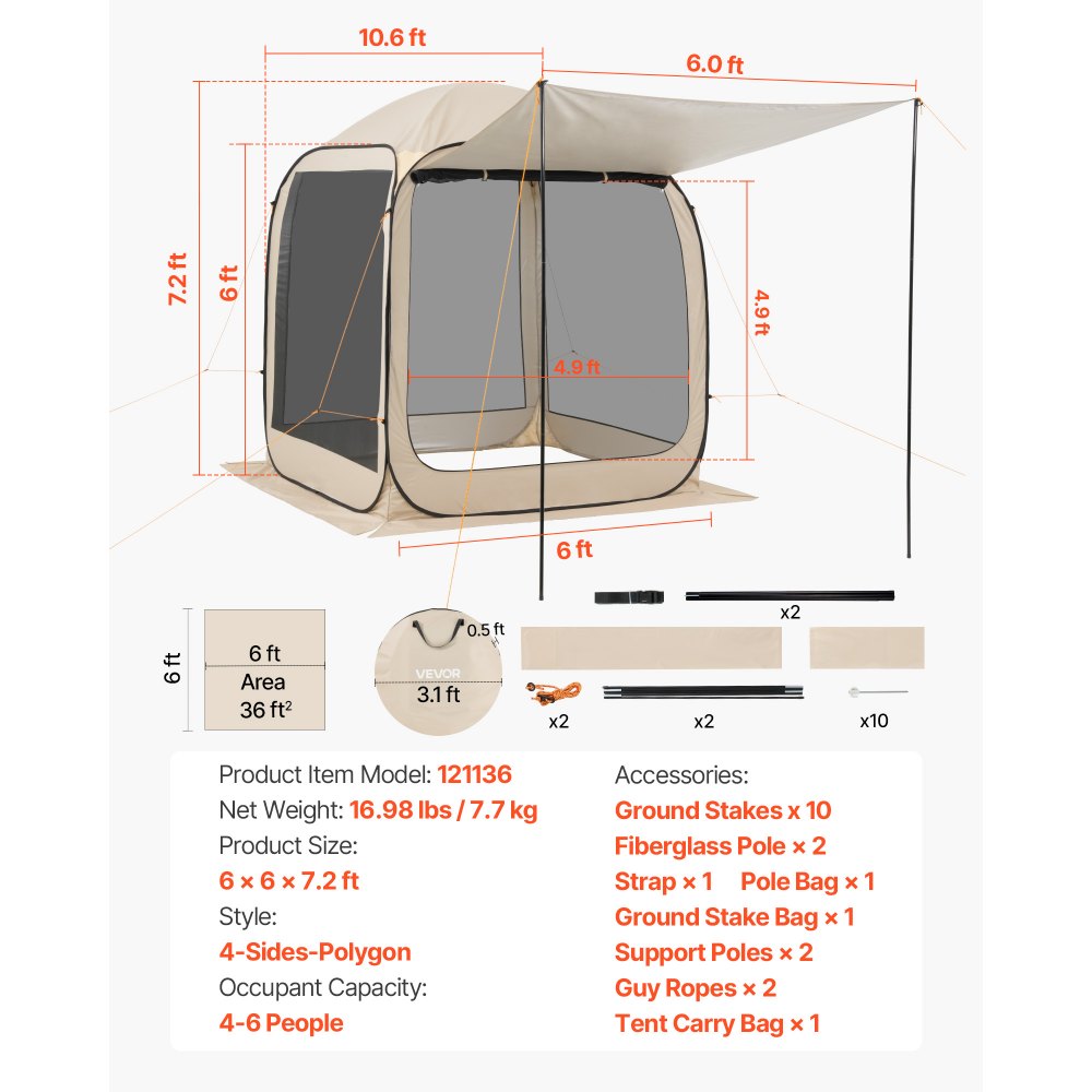 Campingzelt, 182,88 x 182,88 x 219,4 cm, Pop-up-Zelt mit einziehbarer Markise, tragbares Partyzelt für 4–6 Personen, inklusive Tragetasche und Seitenwänden, für Terrasse und Outdoor-Aktivitäten, Beige Campingzelt, 182,88 x 182,88 x 219,4 cm, Pop-up-Zelt mit einziehbarer Markise, tragbares Partyzelt für 4–6 Personen, inklusive Tragetasche und Seitenwänden, für Terrasse und Outdoor-Aktivitäten, Beige