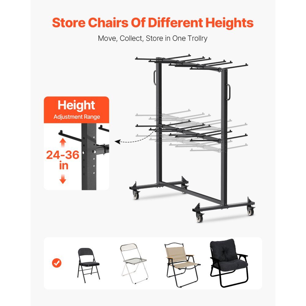 Folding Chair Stand, 800 Pound Load Capacity, Chair Cart for 84 Chairs/12 Tables, Double Layer Chair Storage Cart with Rubber Wheels and Brackets, Large Chair Holder, Matte Black