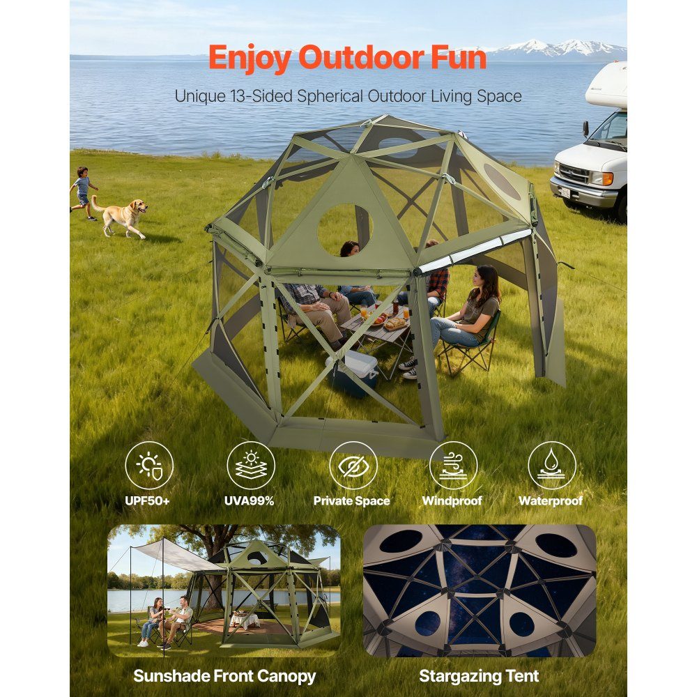 Pop Up Gazebo 12" x 12" 13 Sided Ball Camping Tent with Removable Roof and Carry Bag 360° Ventilation Sun Shade Party Tent for 10-12 People Green