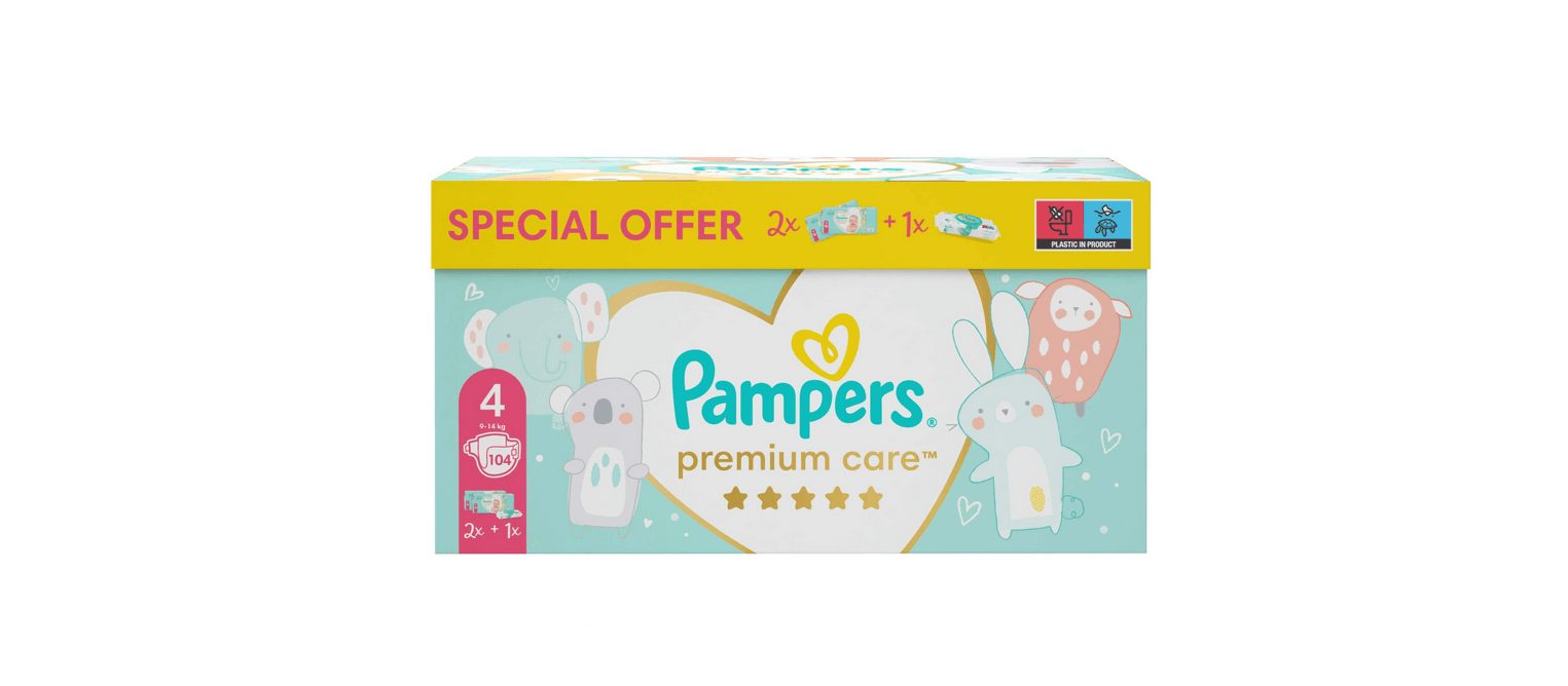 Pampers Premium Care 4 Maxi 9-14 kg 104 Windeln + Feuchttücher