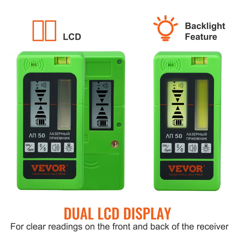 Professioneller Laserempfänger, 60 m Reichweite, Laserdetektor für Puls-Kreuzlinienlaser, ±1,5 mm Nivellierbereich, 1,5-V-Batterien, 20 Stunden Betriebszeit, doppeltes LCD-Display mit Hintergrundbeleuchtung Professioneller Laserempfänger, 60 m Reichweite, Laserdetektor für Puls-Kreuzlinienlaser, ±1,5 mm Nivellierbereich, 1,5-V-Batterien, 20 Stunden Betriebszeit, doppeltes LCD-Display mit Hintergrundbeleuchtung
