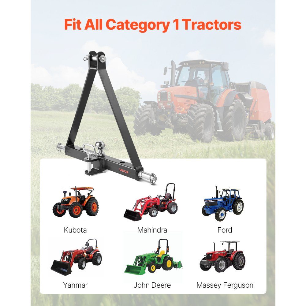 3 Point Tow Hitch with 1-7/8" Receiver 3 Point Mount 2721kg Tractor Tow Hitch Adapter Compatible with Kubota, Mahindra, John Deere, Massey Ferguson, 505x575x130mm – Part No. HT-22459