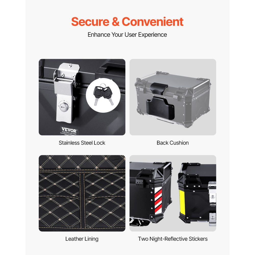 Motorcycle Top Box, Motorcycle Case, 65L, Aluminum Alloy Rear Box with Leather Lining, Removable Motorcycle Top Box with Lock and Back Pad, Helmet Case (565 x 500 x 380mm), Black