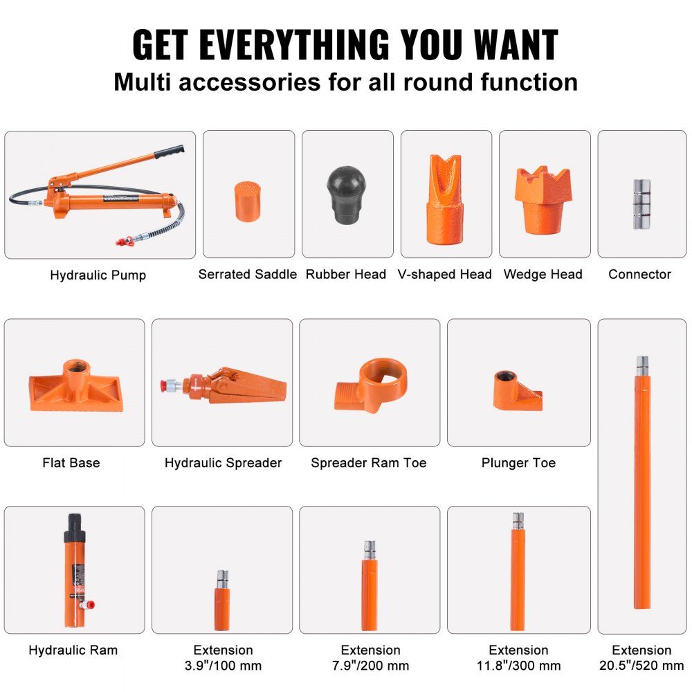 Hydraulic Cylinder Set, 12T Portable Hydraulic Jack with 1.4m Oil Hose, Body Frame Repair Kit with Storage Case for Car Repair Truck Farm Orange