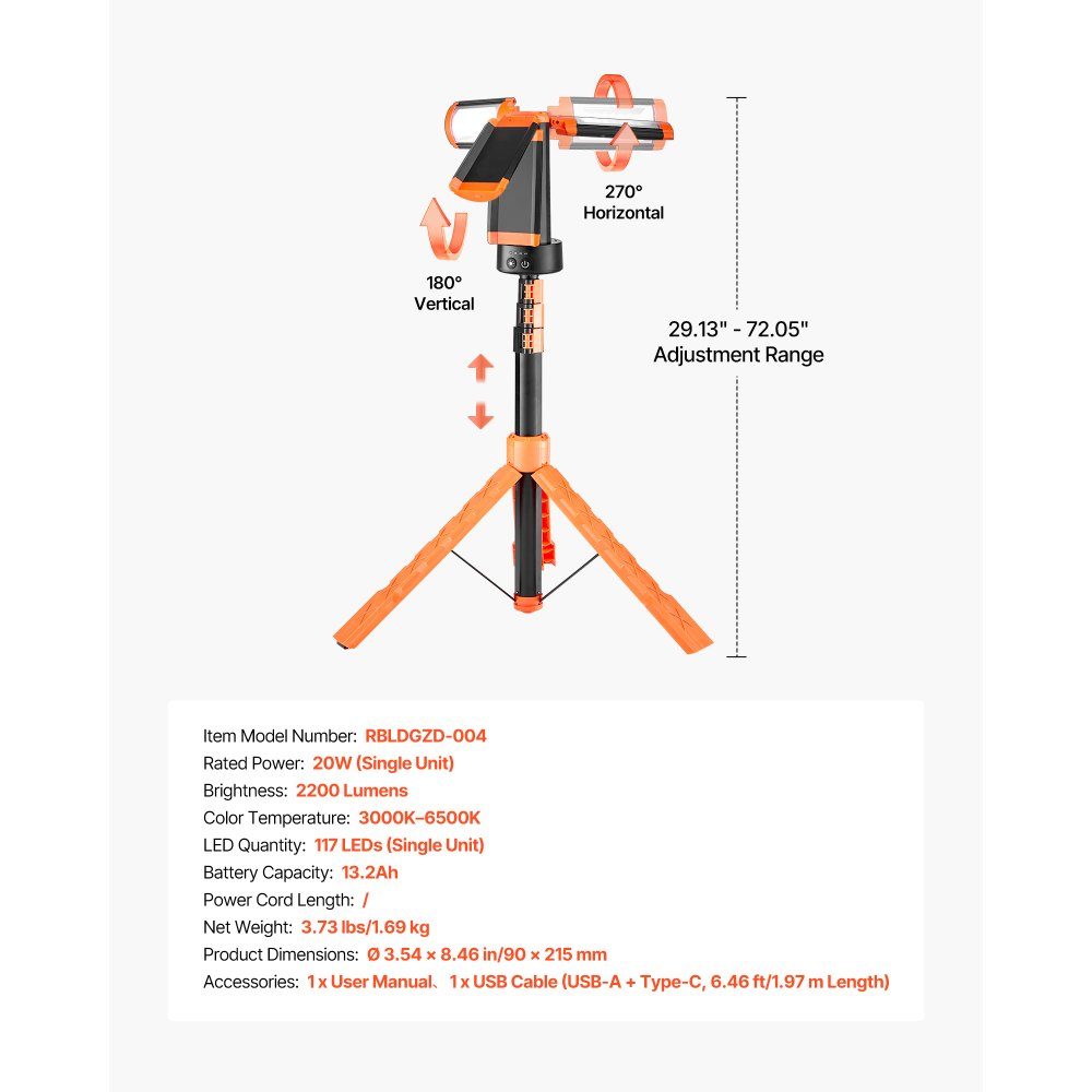 LED construction spotlight with tripod, work light, 13.2 Ah, rechargeable camping light, with 3 lamp heads, removable tripod stand, 2200 LM 3000 K-6500 K dimmable, lighting for the construction site