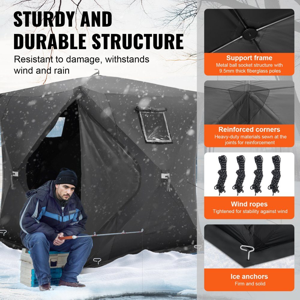 Tente de pêche sur glace portable, tente de pêche sur glace pour 3-4 personnes, tente de pêche, parapluie de pêche, cabane de glace thermique pour la pêche d'hiver, tente avec ancres, cordes, sac de transport, 2,3 x 2,3 x 2 m, noir
